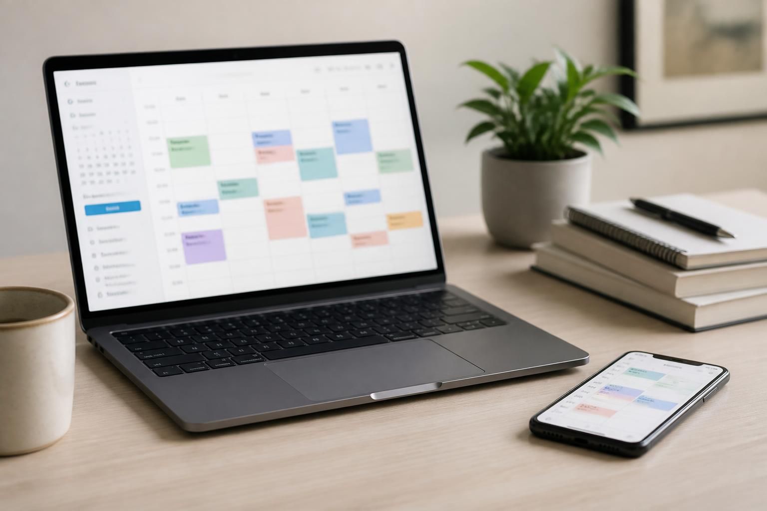 Laptop and smartphone beside a scheduling interface on a clean desk.