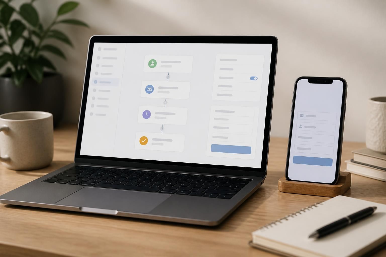 Laptop and smartphone with a subtle automated follow-up workflow.