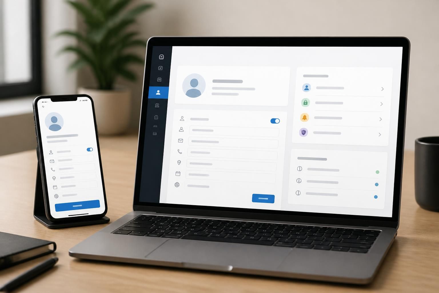 Laptop and smartphone with a business profile management interface.