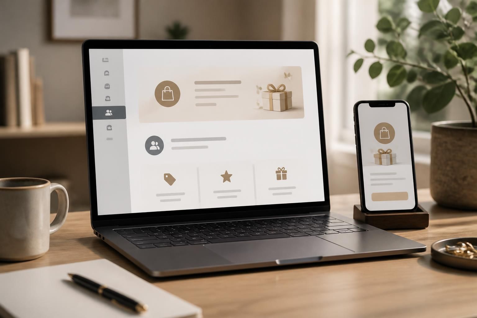 Laptop and phone with a subtle repeat-customer campaign interface.