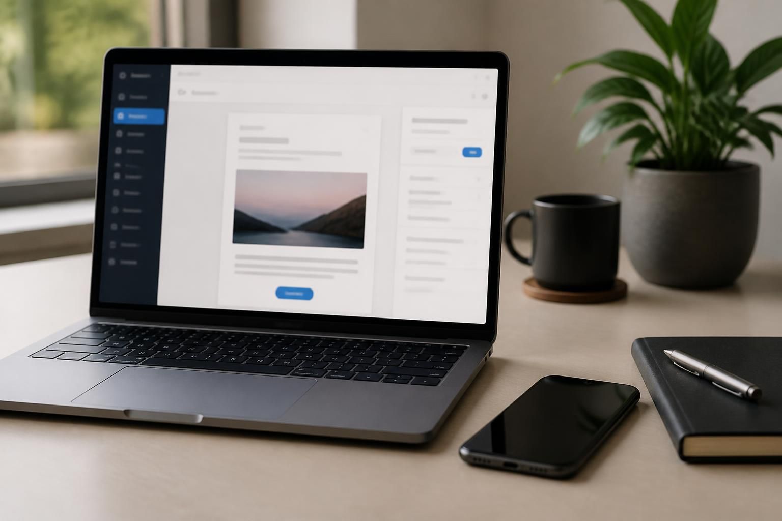 Laptop and phone on a clean desk with an email campaign screen.