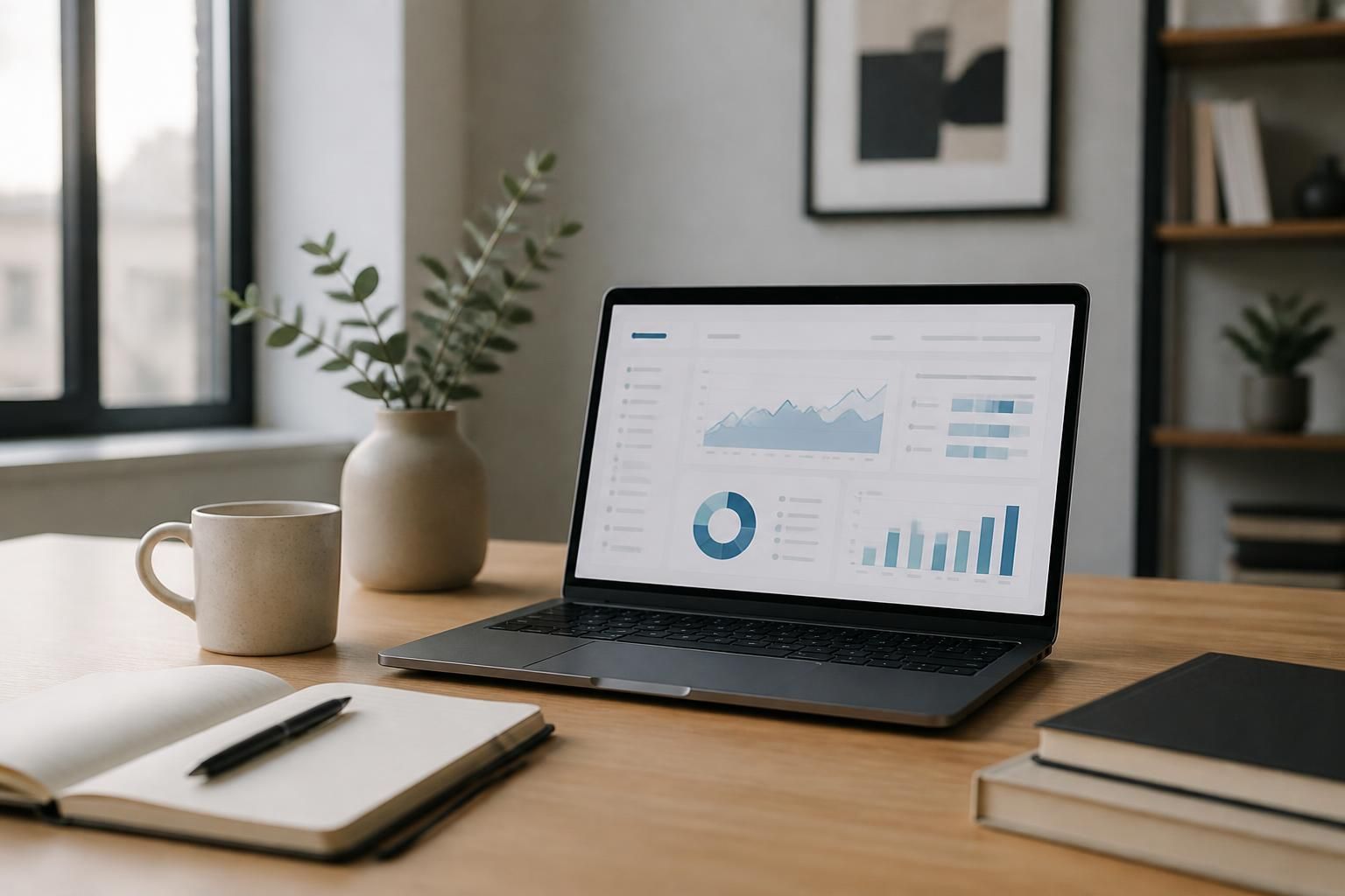 Modern marketing workspace with dashboard screen and neutral decor.