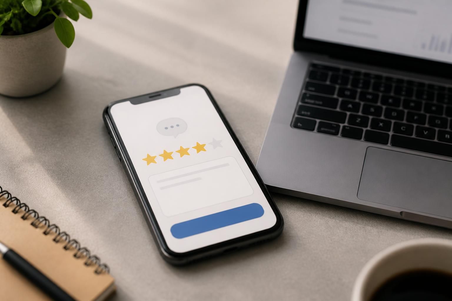 Smartphone and laptop with a subtle customer feedback interface.