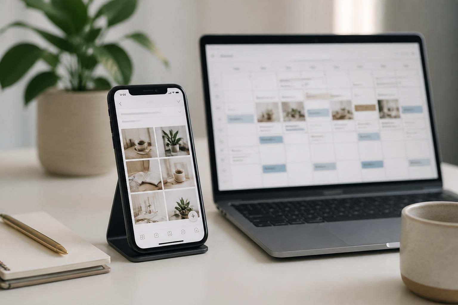 Smartphone and laptop with a social content planning layout.