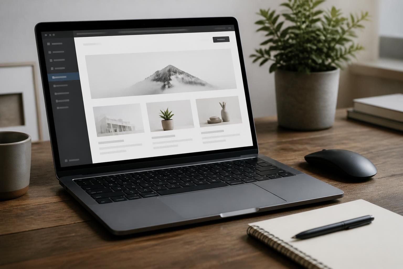Laptop with a clean website layout and neatly arranged accessories.